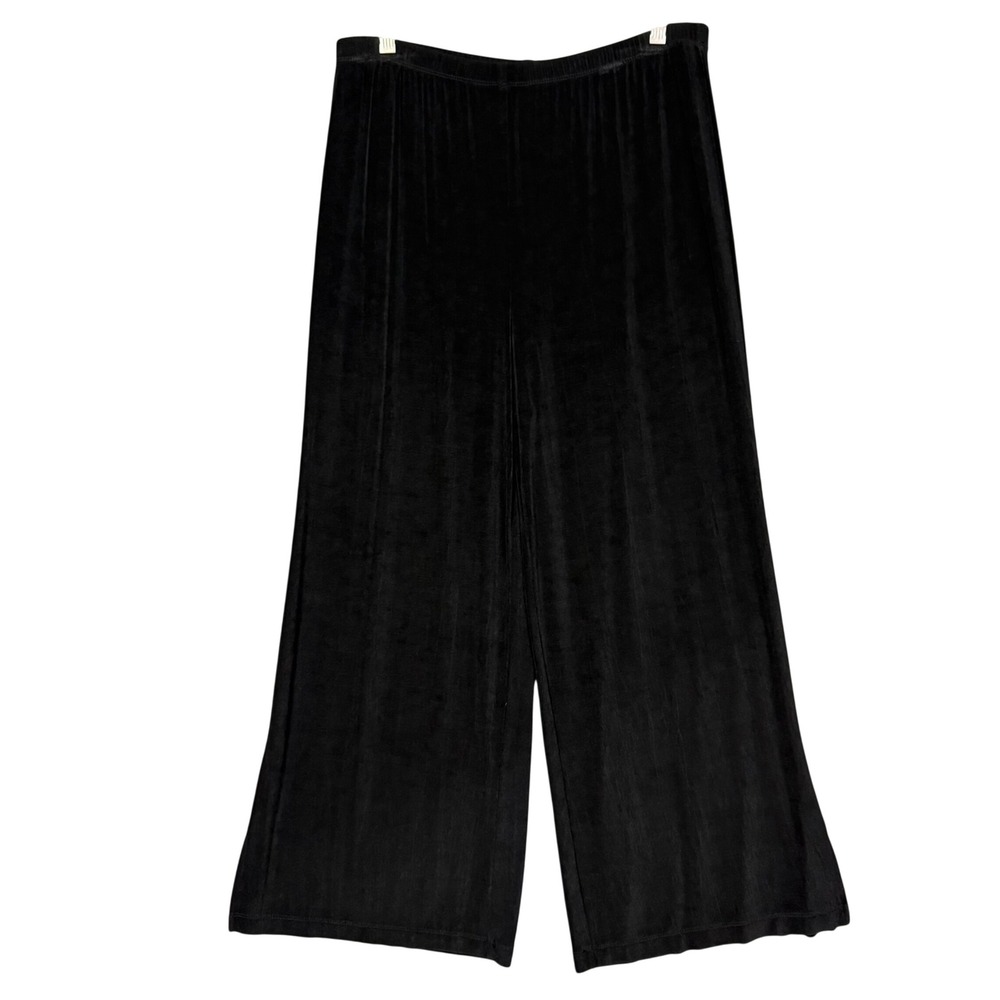Chicos Travelers Pants 3 Short Womens 16P Black Wide Leg Slinky Knit Side Slit